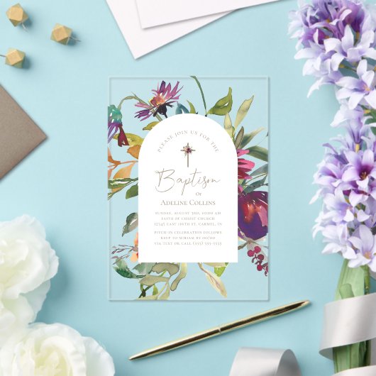 Moderne Bourgondische Floral Gold Script Elegant D Acryl Uitnodigingen (Insitu (Huwelijk))