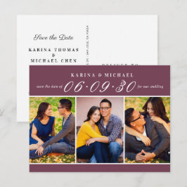 Moderne Bourgondische Fotocollage Save the Date Aankondigingskaart