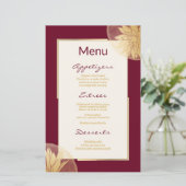 Moderne Bourgondische Gouden Bloemen Bruiloft Menu (Staand voorkant)