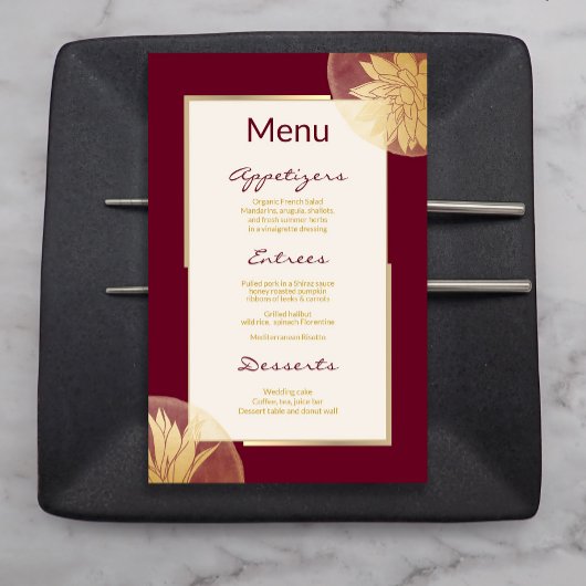 Moderne Bourgondische Gouden Bloemen Bruiloft Menu