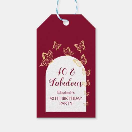 Moderne Bourgondische gouden vlinders Fabulous ver Cadeaulabel (Voorkant)