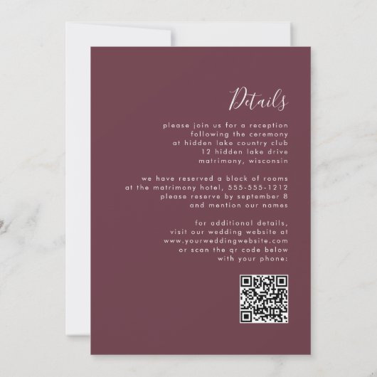 Moderne Bourgondische kalligrafie QR Code Wedding Kaart (Achterkant)