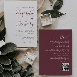 Moderne Bourgondische kalligrafie QR Code Wedding Kaart