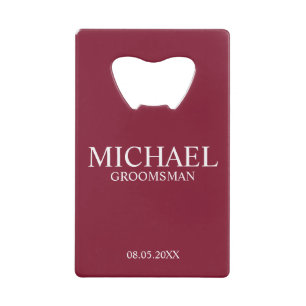 Moderne Bourgondische rode gepersonaliseerde groom Creditkaart Flessenopener