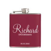 Moderne Bourgondische rode gepersonaliseerde groom Heupfles (Voorkant)