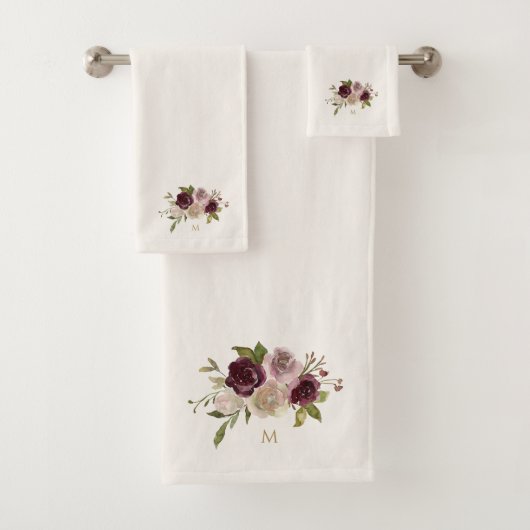 Moderne Bourgondische roze bloemige Waterverf Mono Bad Handdoek (Insitu)