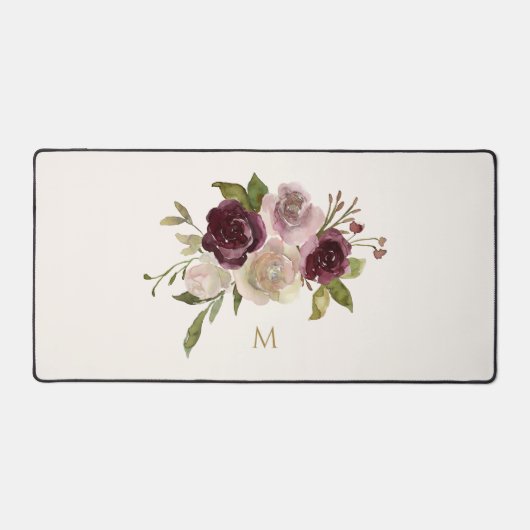 Moderne Bourgondische roze bloemige Waterverf Mono Bureaumat (Voorkant)