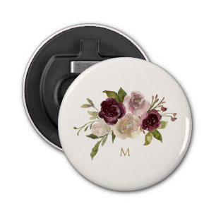 Moderne Bourgondische roze bloemige Waterverf Mono Button Flesopener
