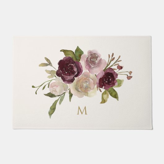 Moderne Bourgondische roze bloemige Waterverf Mono Deurmat (Voorkant)