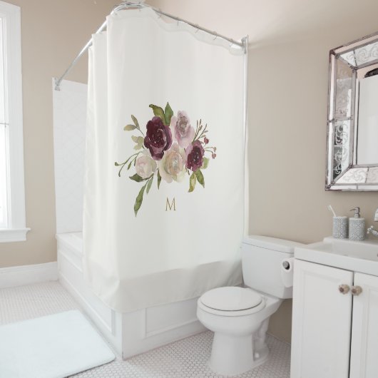 Moderne Bourgondische roze bloemige Waterverf Mono Douchegordijn (In situ)