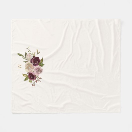 Moderne Bourgondische roze bloemige Waterverf Mono Fleece Deken (Voorkant (Horizontaal))