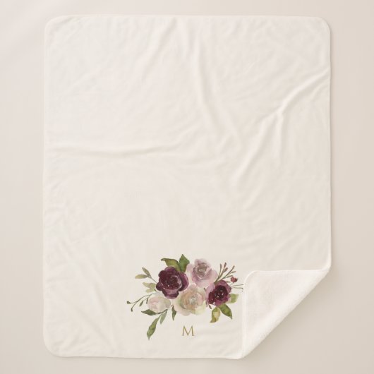 Moderne Bourgondische roze bloemige Waterverf Mono Sherpa Deken (Voorkant)
