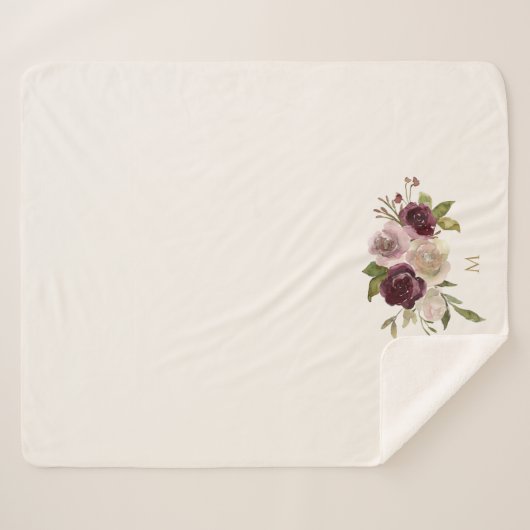 Moderne Bourgondische roze bloemige Waterverf Mono Sherpa Deken (Voorkant (horizontaal))
