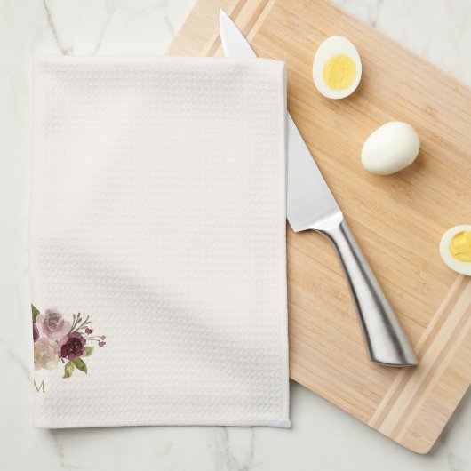 Moderne Bourgondische roze bloemige Waterverf Mono Theedoek (Quarter Fold)