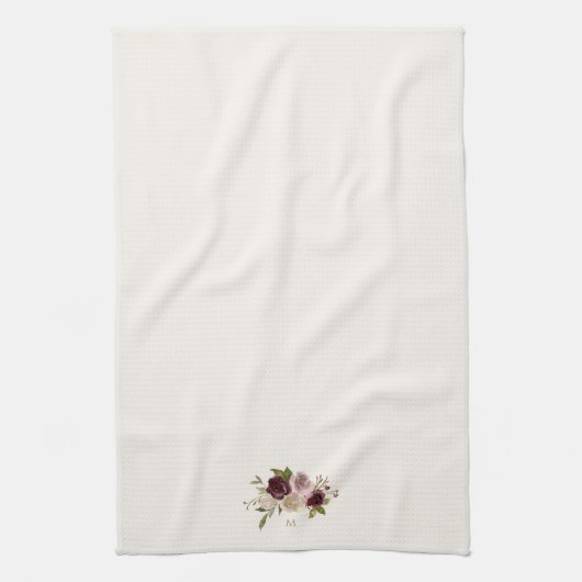 Moderne Bourgondische roze bloemige Waterverf Mono Theedoek (Verticaal)