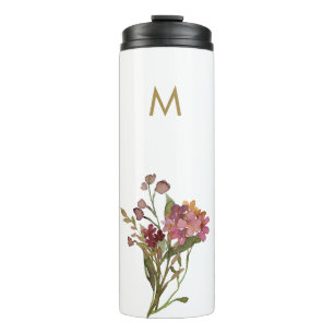 Moderne Bourgondische roze bloemige Waterverf Mono Thermosbeker
