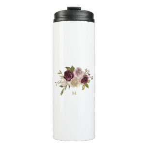 Moderne Bourgondische roze bloemige Waterverf Mono Thermosbeker