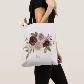 Moderne Bourgondische roze bloemige Waterverf Mono Tote Bag (Dichtbij)