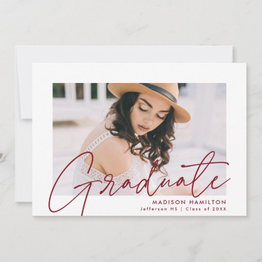 Moderne Bourgondische Script Foto Afstudeerfeest Kaart (Voorkant)