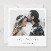 Moderne Bourgondische Script Photo Wedding Save th The Date (Voorkant)