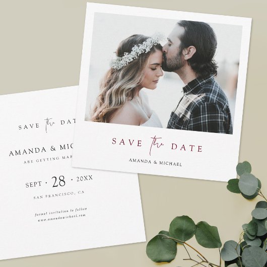 Moderne Bourgondische Script Photo Wedding Save th The Date