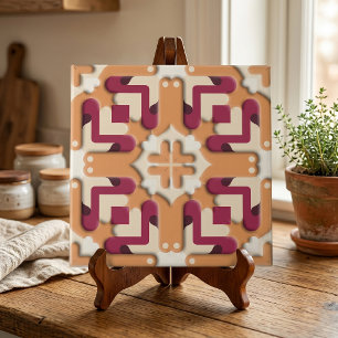 Moderne Bourgondische Terracotta Symmetrische Geom Tegeltje