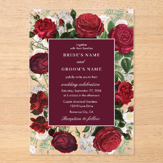 Moderne Bourgondische Waterverf Elegante bruiloft Acryl Uitnodigingen (Voorkant)