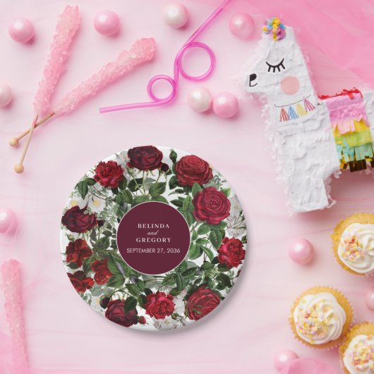 Moderne Bourgondische Waterverf Elegante bruiloft Papieren Bordje (Feest)