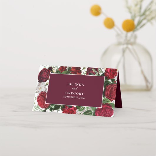 Moderne Bourgondische Waterverf Elegante bruiloft Plaatskaartje (Achterkant)