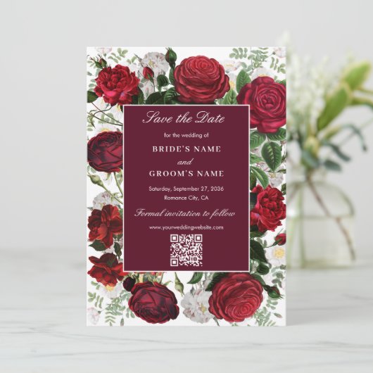 Moderne Bourgondische Waterverf Elegante bruiloft Save The Date (Staand voorkant)