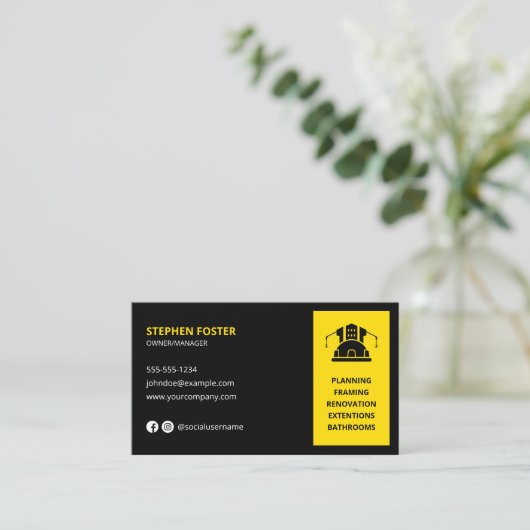 Moderne Bouw Handyman Bouwer Zwart Geel Visitekaartje (Staand voorkant)