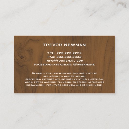 Moderne bouw Handyman Carpenter donker hout Visitekaartje (Achterkant)