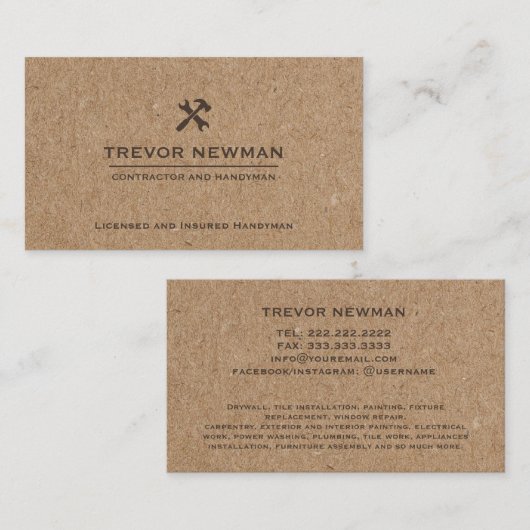 Moderne Bouw Handyman Carpenter Gereedschap Kraft Visitekaartje (Voorkant / Achterkant)