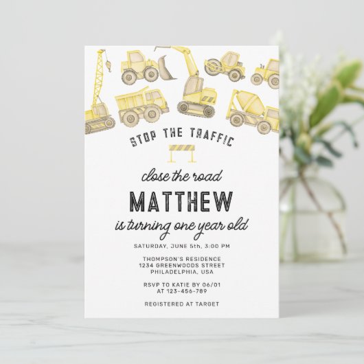 Moderne Bouwtruck Eerste Verjaardag Kaart (Staand voorkant)