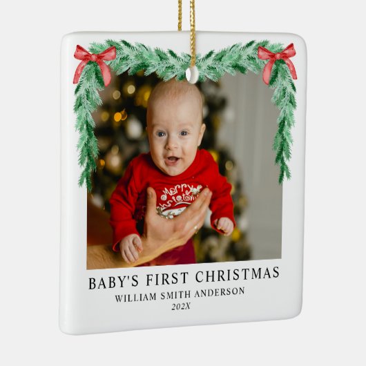 Moderne Bow Baby's eerste kerstfoto Keramisch Ornament (Rechts)