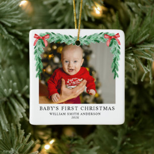 Moderne Bow Baby's eerste kerstfoto Keramisch Ornament