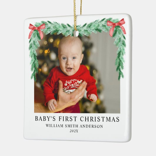 Moderne Bow Baby's eerste kerstfoto Keramisch Ornament (Links)