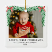 Moderne Bow Baby's eerste kerstfoto Keramisch Ornament (Achterkant)
