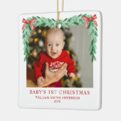 Moderne Bow Baby's eerste kerstfoto Keramisch Ornament (Links)