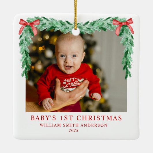 Moderne Bow Baby's eerste kerstfoto Keramisch Ornament (Achterkant)