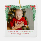 Moderne Bow Baby's eerste kerstfoto Keramisch Ornament (Voorkant)