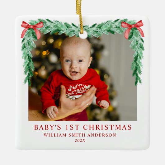 Moderne Bow Baby's eerste kerstfoto Keramisch Ornament (Voorkant)