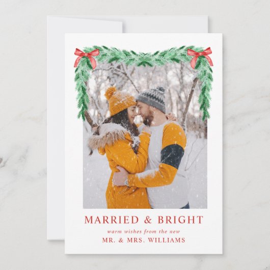 Moderne Bow-foto Getrouwd & Heldere Kerst Feestdagenkaart (Voorkant)
