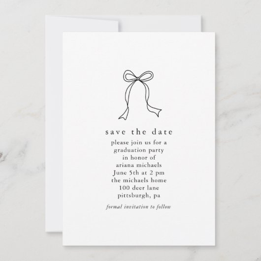 Moderne Bow Photo Graduation Party Save the Date Aankondiging (Achterkant)