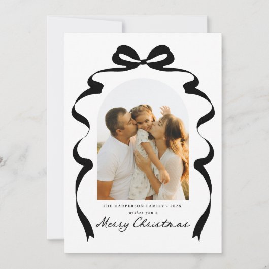 Moderne Bow Photo Merry Christmas Arch Feestdagenkaart (Voorkant)