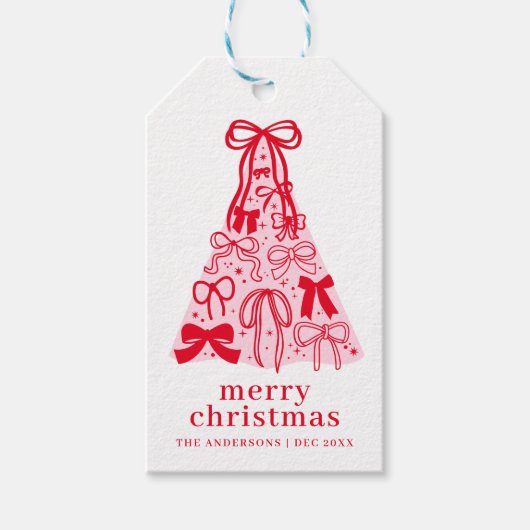 Moderne Bow Roze Rode Kerstboom Cadeaulabel (Voorkant)