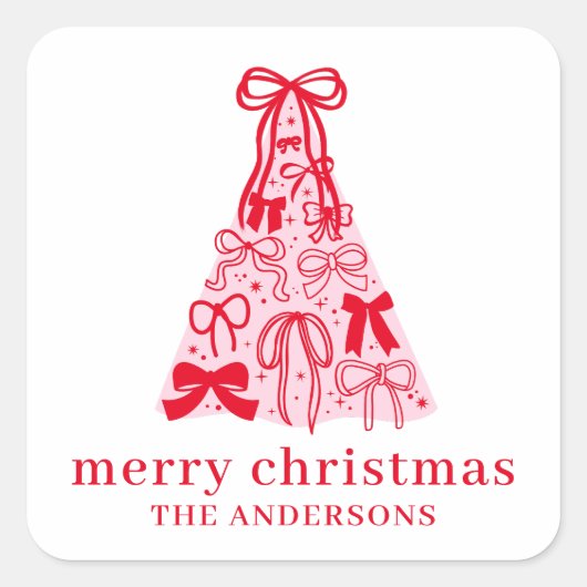 Moderne Bow Roze Rode Kerstboom Vierkante Sticker (Voorkant)