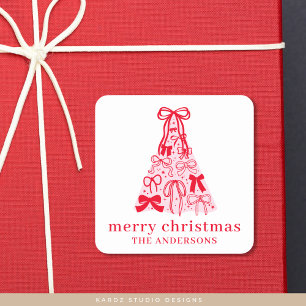 Moderne Bow Roze Rode Kerstboom Vierkante Sticker
