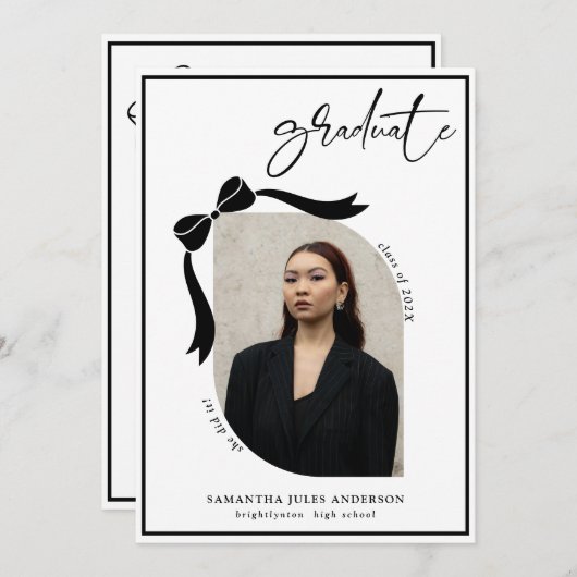 Moderne Bow Script Foto Afstudeerfeest Kaart (Voorkant / Achterkant)