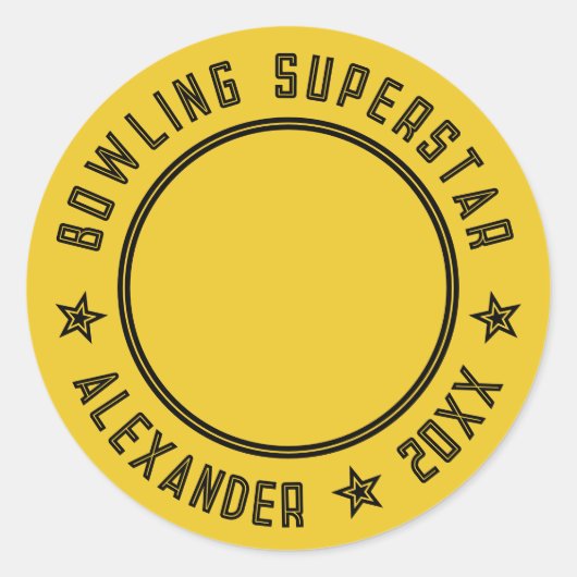 Moderne Bowling Superstar Gele Naam Fotodatum Ronde Sticker (Voorkant)